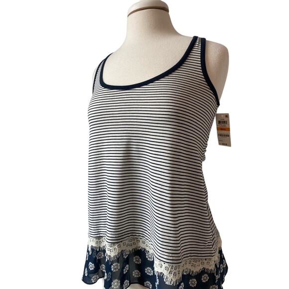 Maison Jules NWT Women's Sm Beach Nautical Navy Stripe Boho Lace Floral Tank Top - Picture 4 of 11